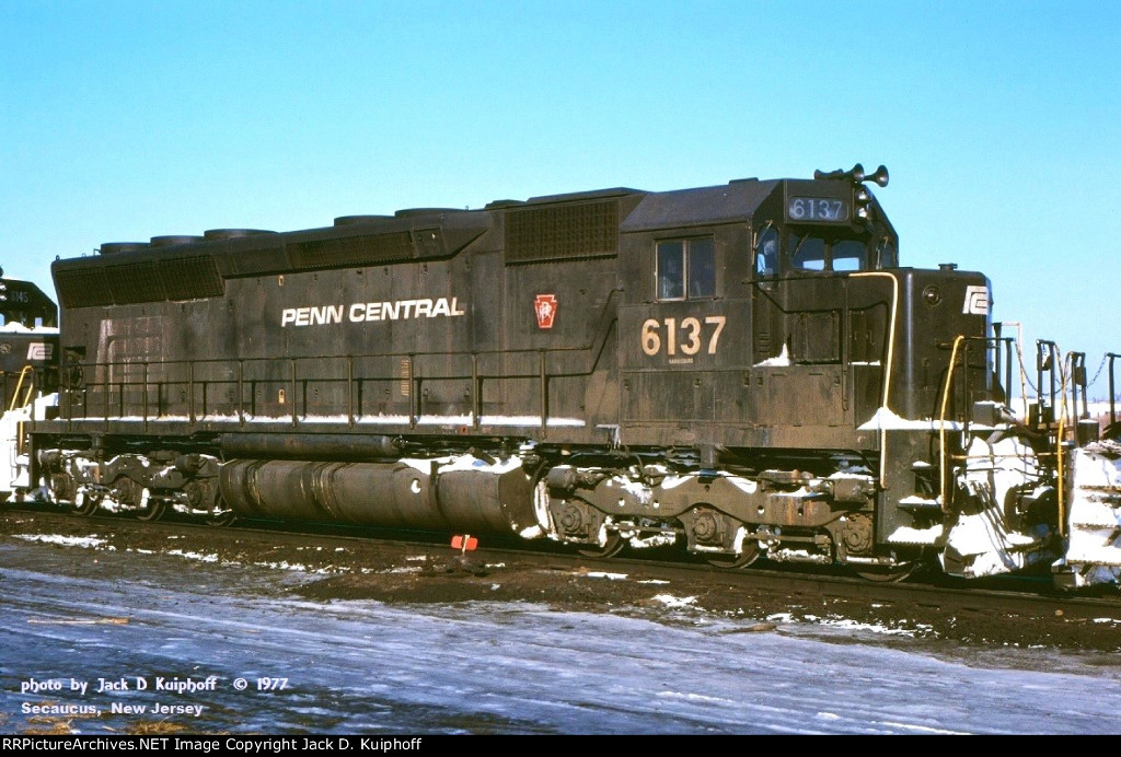 PC, Penn Central 6137 EMD SD45 at ex-Erie Croxton engine terminal, Secaucus, New Jersey. February 10, 1977. 